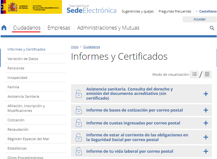 Sede electrónica Seguridad Social - vida laboral - CertificadoElectronico.es