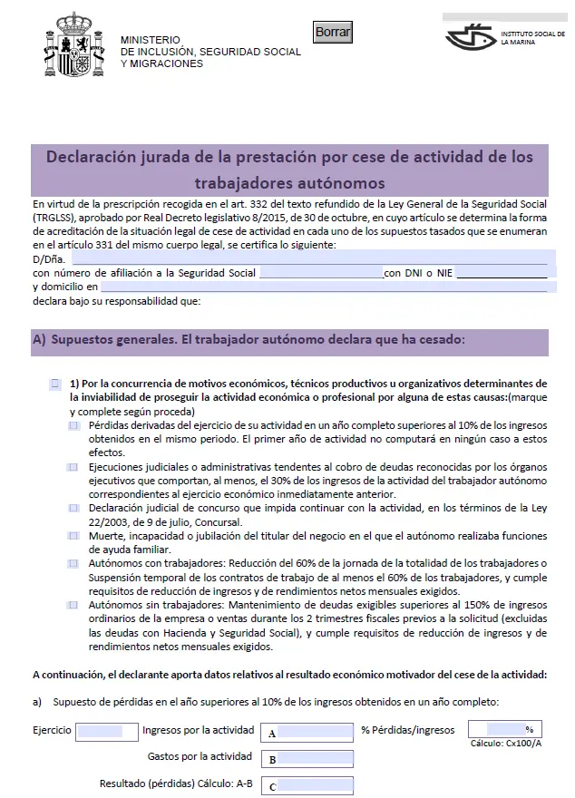 Modelo de solicitud - Cese de actividad autónomo - CertificadoElectronico.es