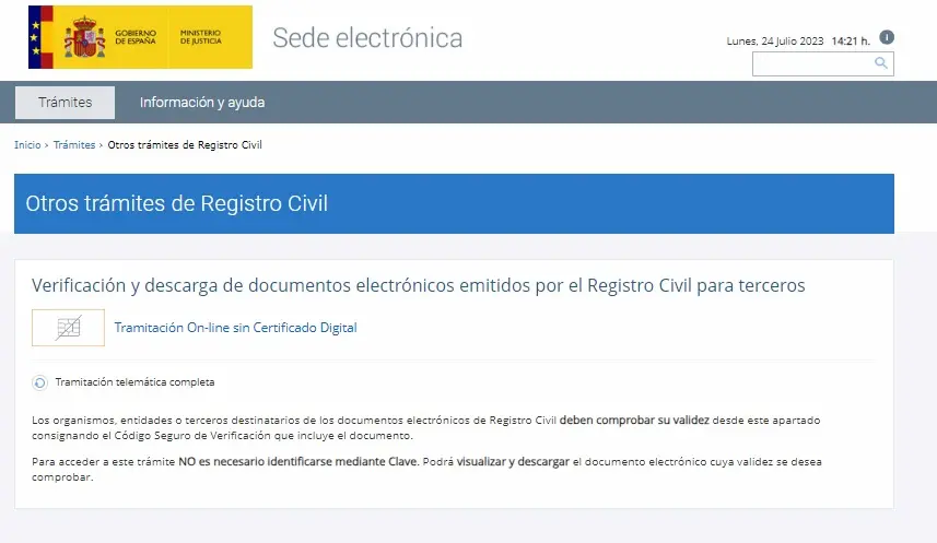 Sede electrónica Justicia - Registro civil - CertificadoElectronico.es