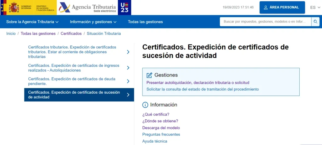 Sede Agencia Tributaria - Certificado de sucesión de actividad - CertificadoElectronico.es