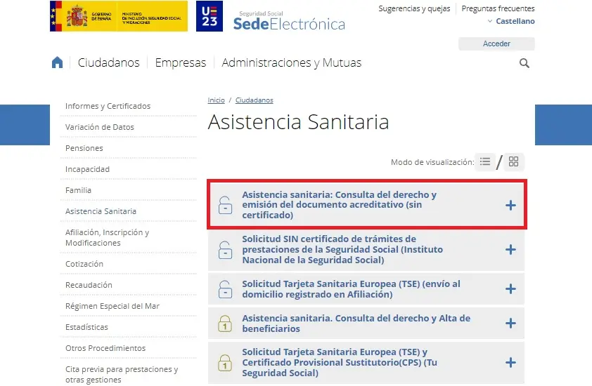 Sede electrónica Seguridad social - Asistencia sanitaria - CertificadoElectronico.es