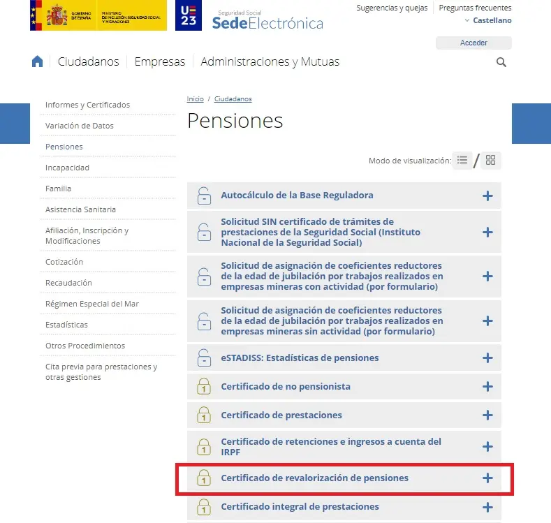 sede electrónica - revalorización de las pensiones - CertificadoElectronico.es