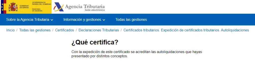 sede agencia tributaria - certificado de autoliquidaciones - CertificadoElectronico.es