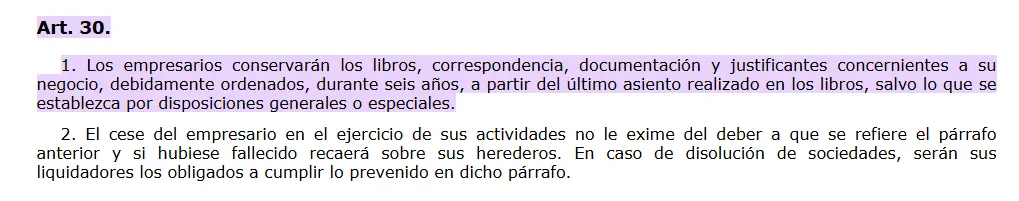 Artículo 30 - guardar las facturas - certificadoelectronico.es