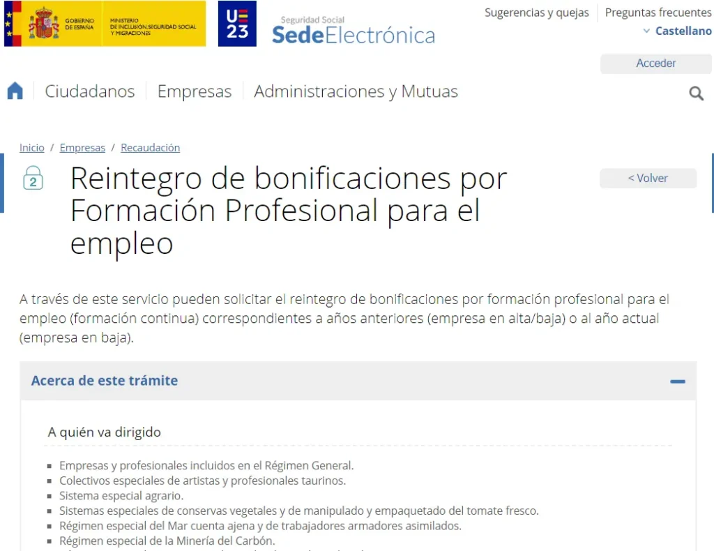 sede electrónica - reintegro de bonificaciones - CertificadoElectronico.es